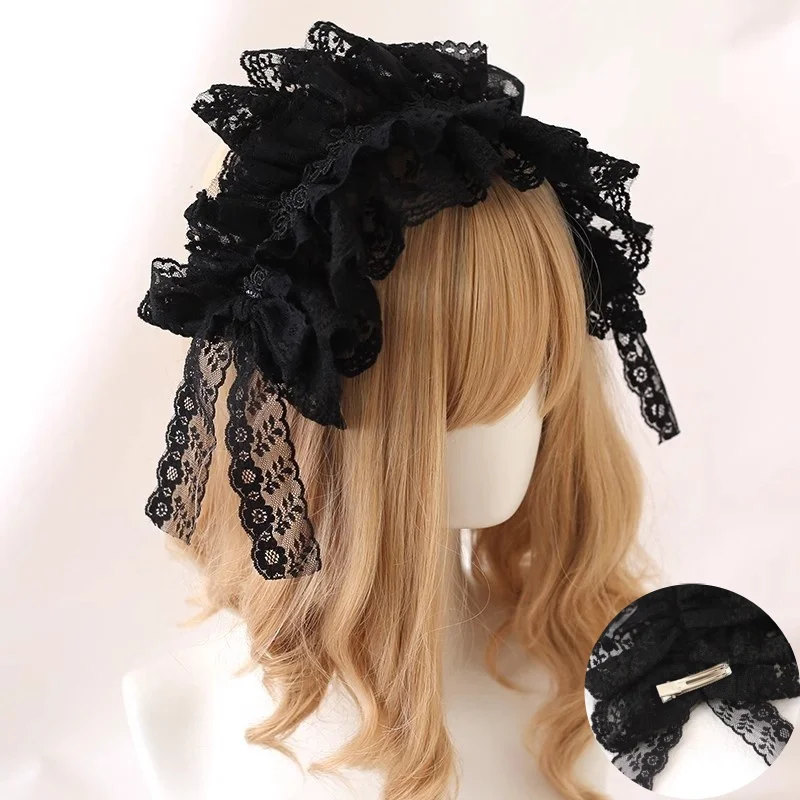 Black Lace Lolita Headpiece Doll Bow Hairband Halloween Cosplay Gothic Black Subculture Punk Handmade Multi-layer Lace Hairban