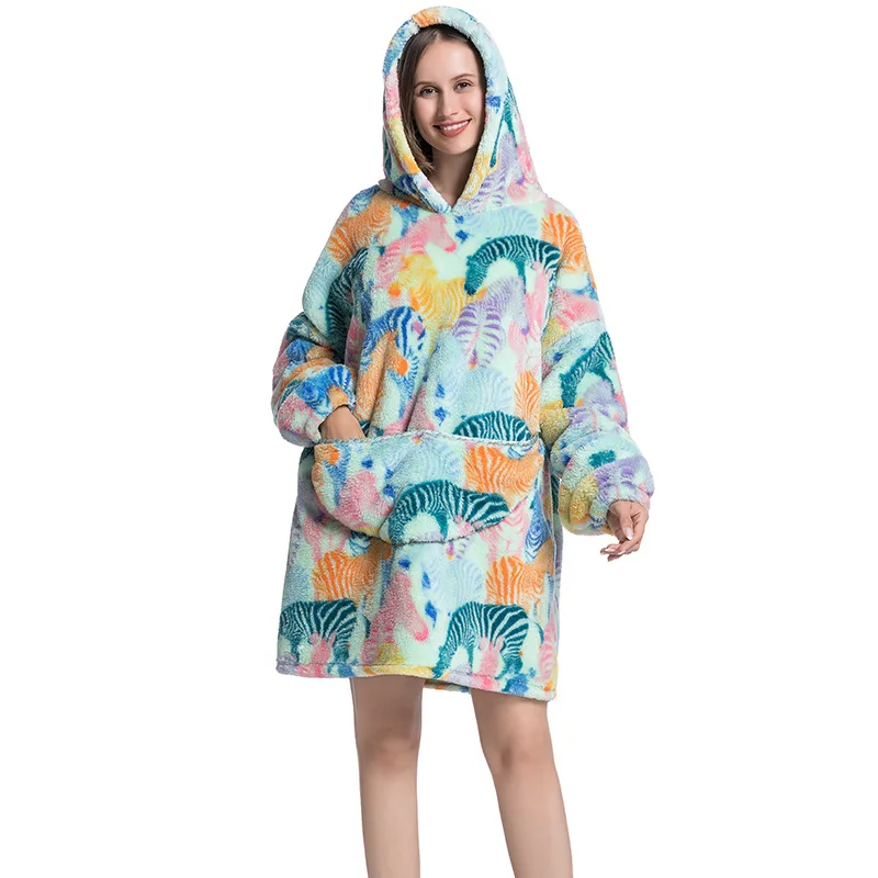 Fleece Thick Warm Women's Pajamas Winter Homewear Casual Loungewear Long Hoodies Plush Giant Blanket with Sleeves Adult Pullover