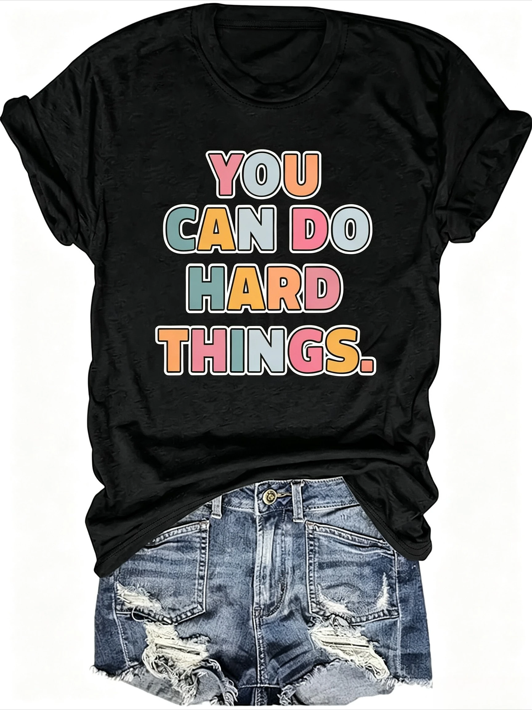 Colorful Letter Quote Design Womens Graphic Tshirt Positive Slogan Casual Streetwear Top Trendy Everyday Fashion Outfit Style