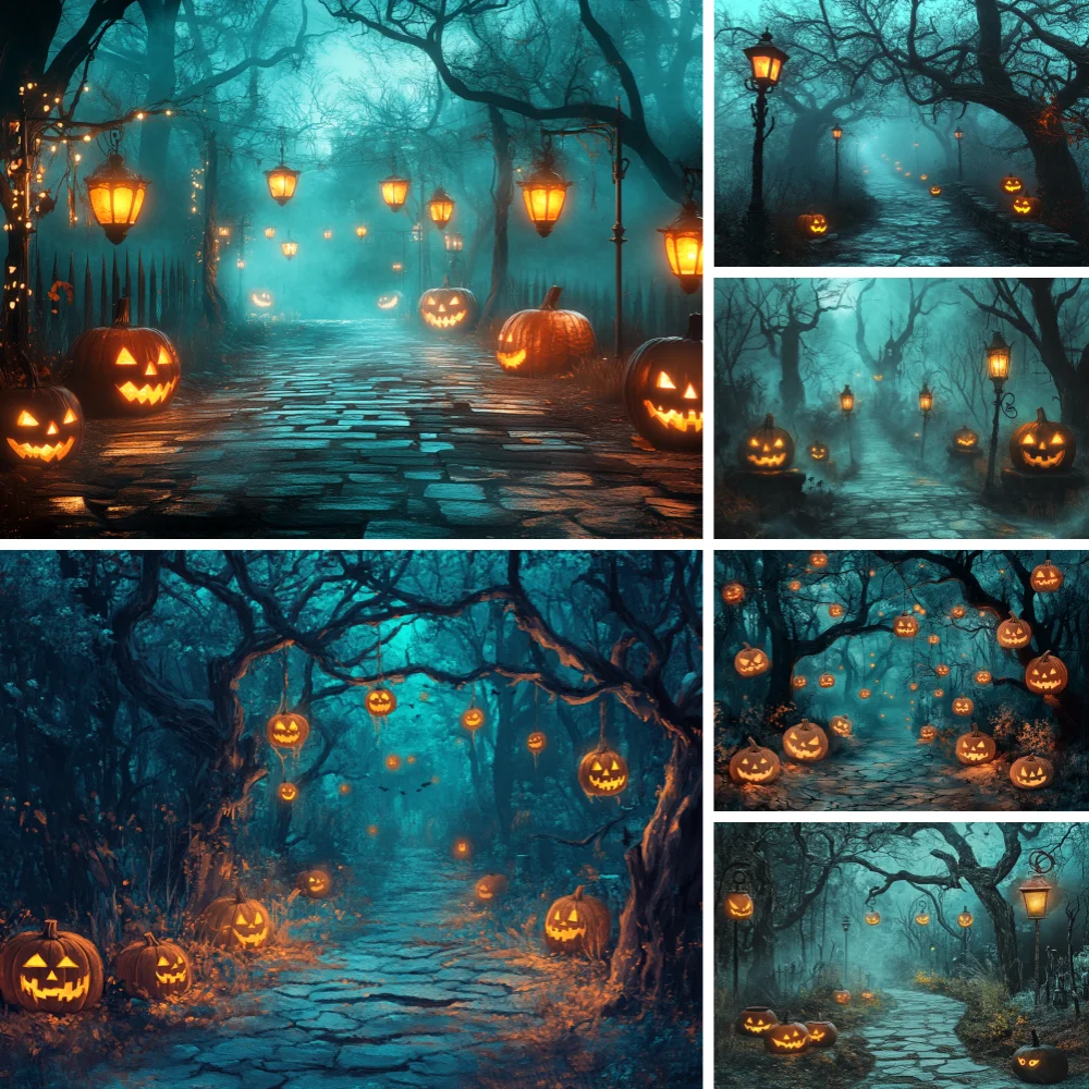 Halloween Misty Forest Path Backdrop Vintage Hanging Lanterns Glowing Jack-O-Lantern Trail Teal Fog Night Spooky Background