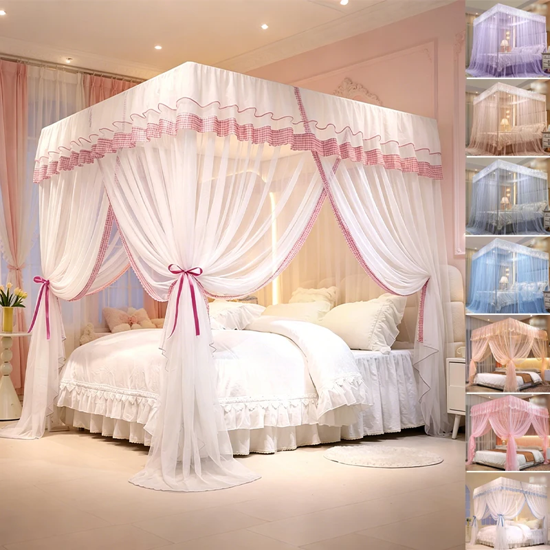 

Lace Mosquito Net 4 Corner 3 Side Openings Bed Curtain Princess Canopy Netting with Bracket for Single Full Double Queen Size