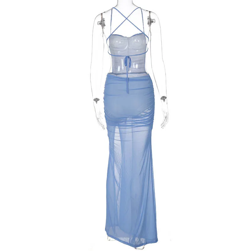 Vestido feminino plissado com alça de espaguete, cabeçada alta, vestido de noite com renda, sem costas azul, saia de baile de cintura média, mais novo