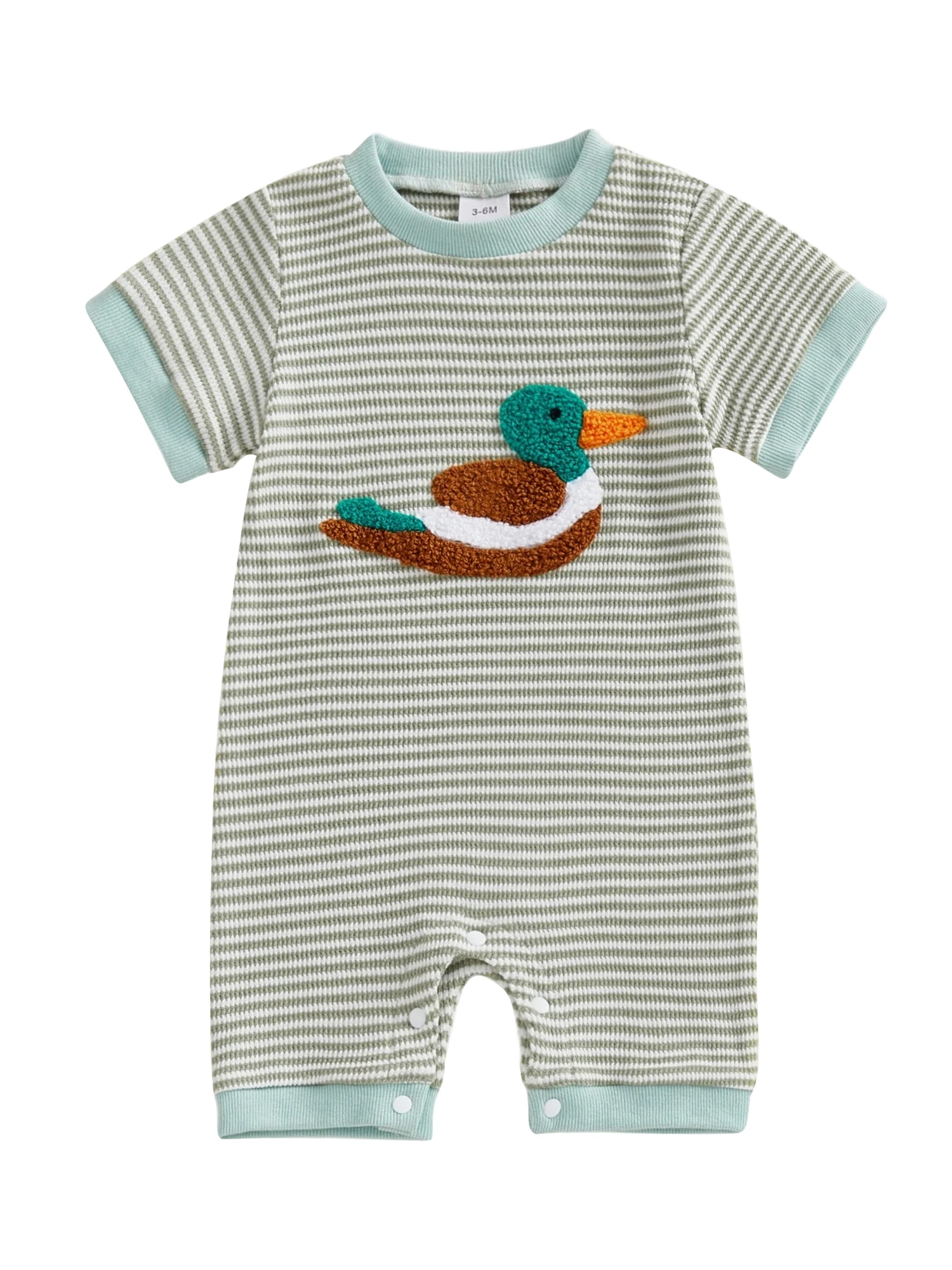 بدلة قفز صيفية مخططة للأطفال حديثي الولادة بدون أكمام ورقبة دائرية وطباعة كرتونية مع إغلاق سريع #3