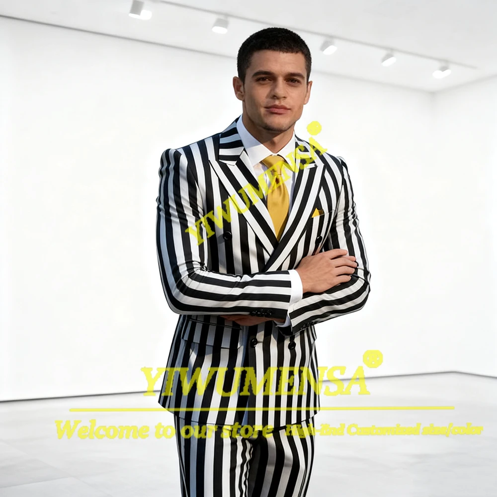 

Male Fashion Wide Stripes Suit Men 2 Piece Set Groom Wedding Tuxedos Double Breasted Prom Blazers Customized trajes para hombre