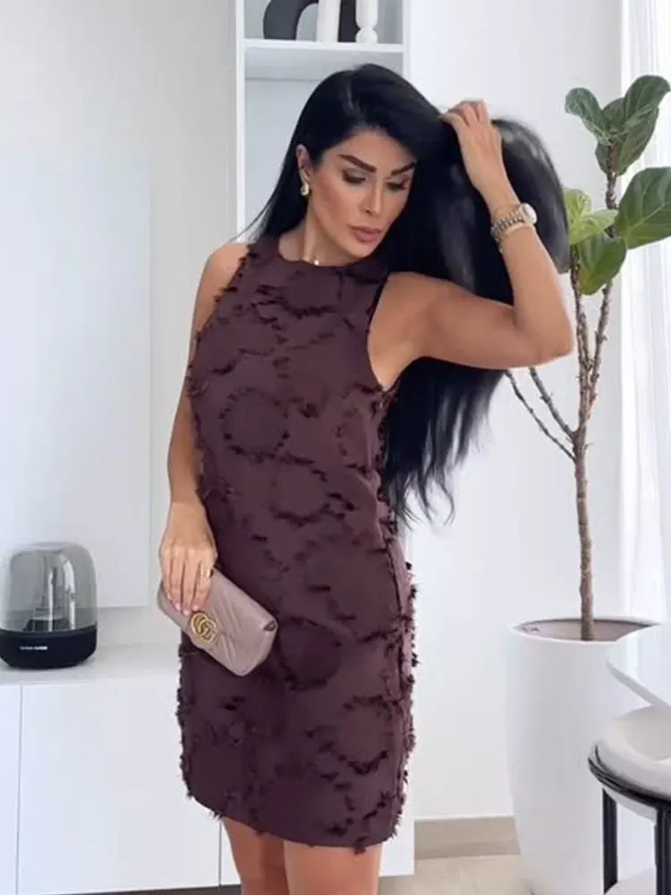 HH Summer Female Textured Fabric Elegant Straight Mini Dress Sleeveless Solid O Collar Side Zipper Hallow Fashion Slim Dress