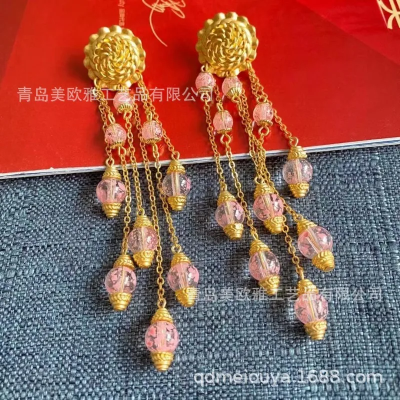 Guochao Peach Blossom Drunk New Medieval Romantic Sweet Sunflower Antique Pink Bead Long Tassel Shoulder Stud Earrings Jewelry