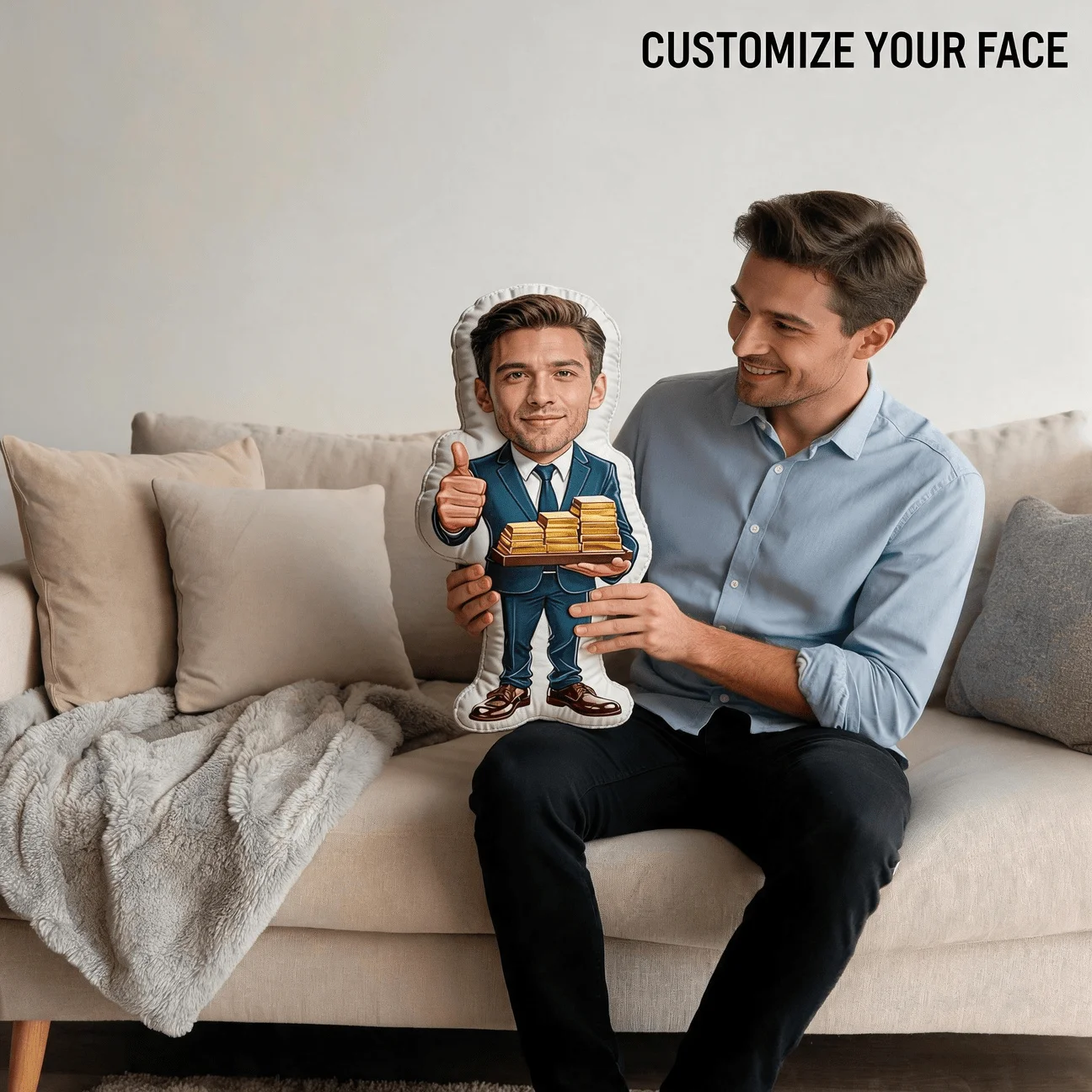 Custom Photo Shaped Pillow, Personalized Man in Blue Suit Holding Golden Bars Decorative Cushion, Thumbs Up Business Style Accen