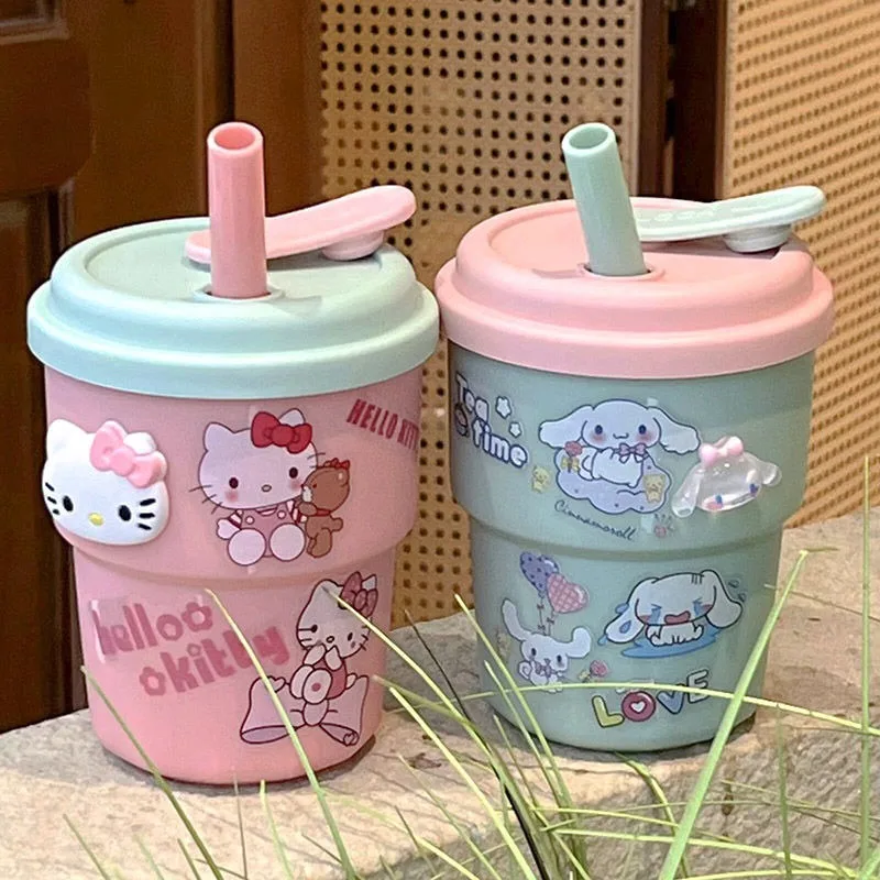 Sanrio Hello Kitty Cinnamoroll accompanying water cup new cute kawaii tea cup student sticker Hello Kitty cartoon straw cup