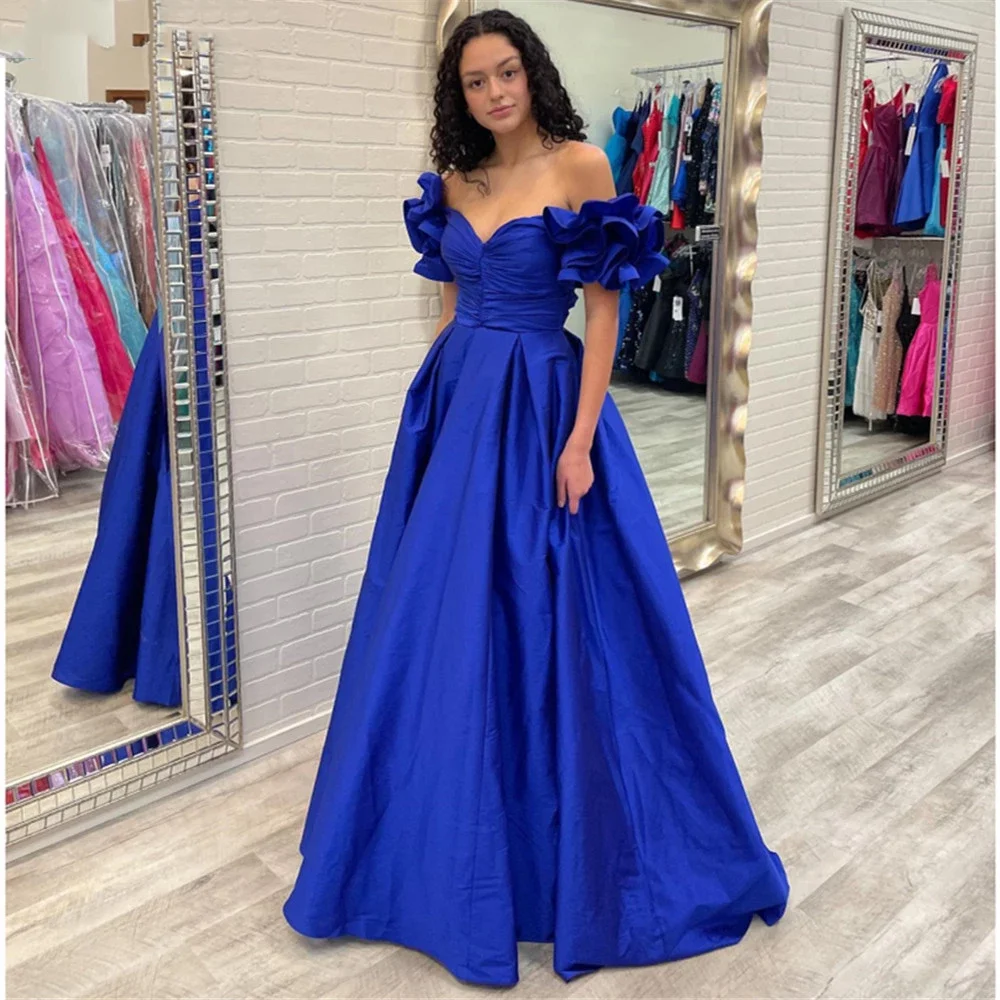 

On Zhu Ruffled Off Shoulder Satin Prom Dresses Sweep Train A-line Royal Blue Formal Evening Dress Women Wedding Party Gowns