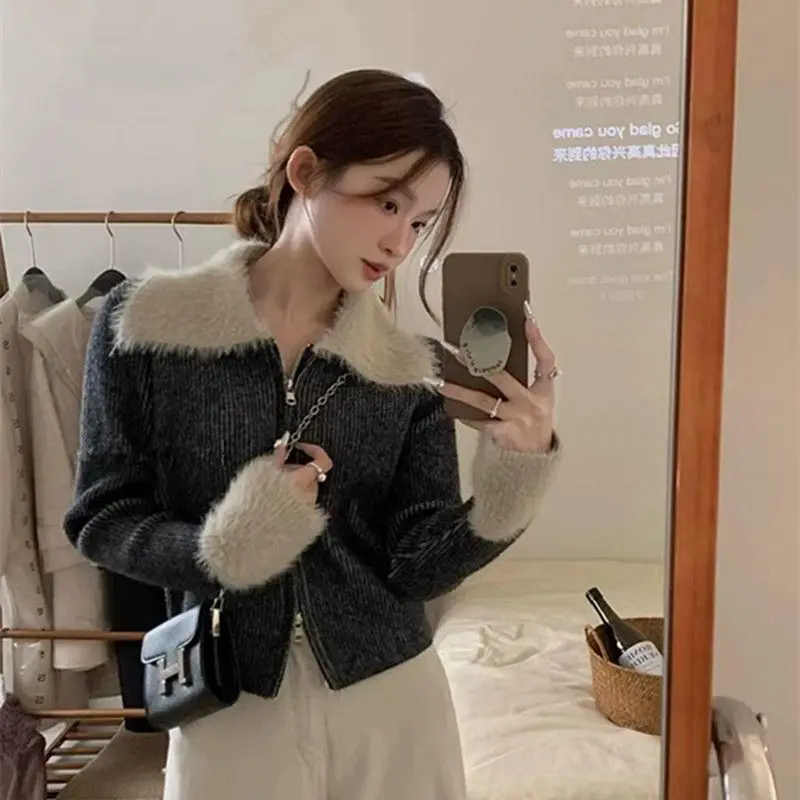 Autumn Winter New Turn-down Collar Long Sleeve Fashion Sweater Women High Street Casual Zipper Cardigan Elegant All-match Tops