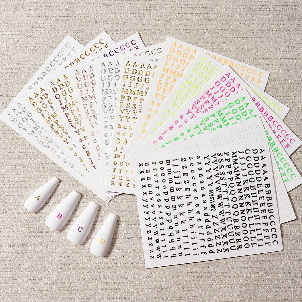 12Sheets 26-Bit Letters Nail Art Sticker Set Self-Adhesive Capital/Lower Case English Alphabet Nail Slider 3D Manicure Decal Kit