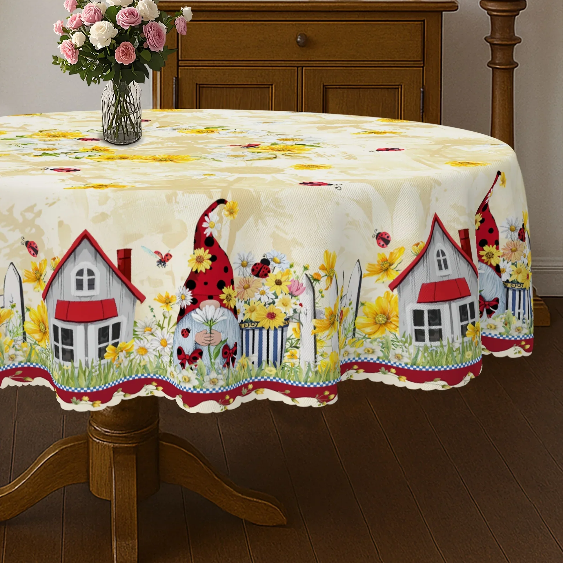 1 item, charming goblin and ladybug tablecloth, spring floral design featuring daisies and farmhouses, yzb
