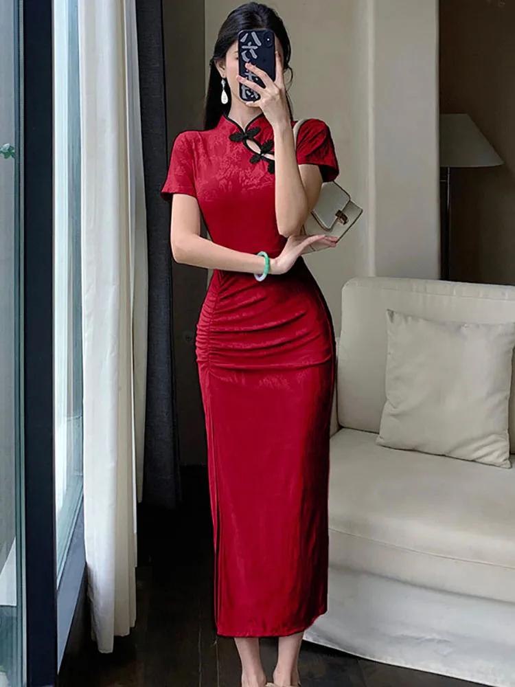 Women Red Jacquard Short Sleeve Stand Collar Midi Dress 2026 Korean Vintage Luxury Evening Dress Spring Summer Elegant Vestidos