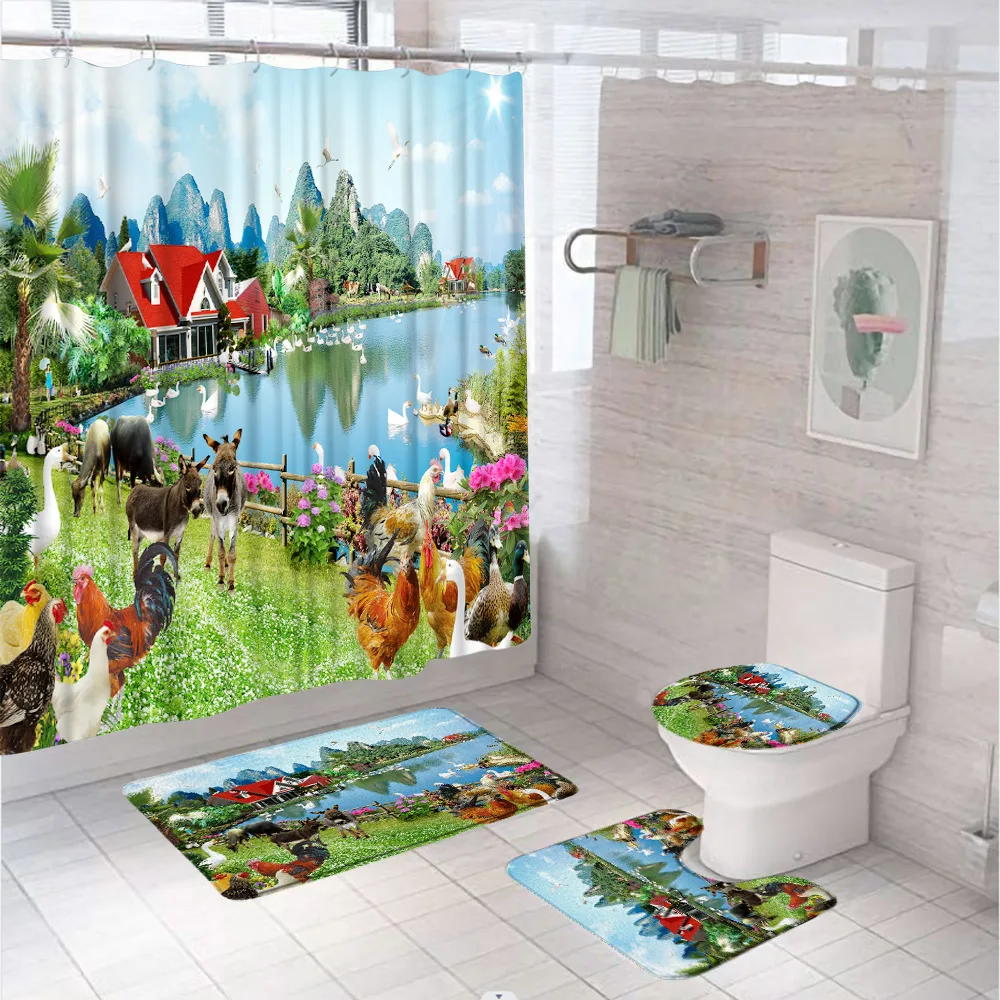 

Farmhouse Animal Shower Curtain Sets Non-Slip Rug Toilet Cover Bath Mats Landscape Rural Chicken Goose Country Bathroom Curtains