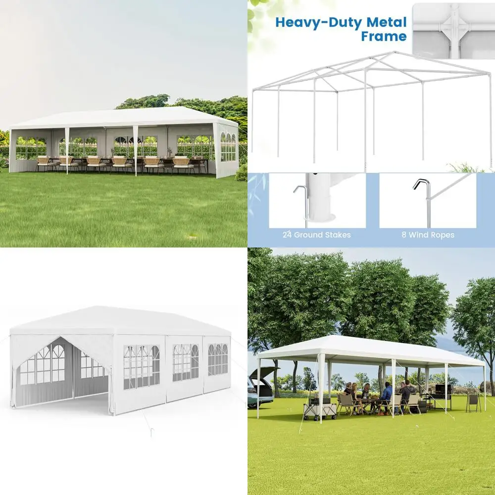 

Heavy Duty Party Tent - 10x30 t White Event Tent with 6 Sidewalls & 2 Zippered Do, Ideal or Outdoor Weddings, Parties & Backyard