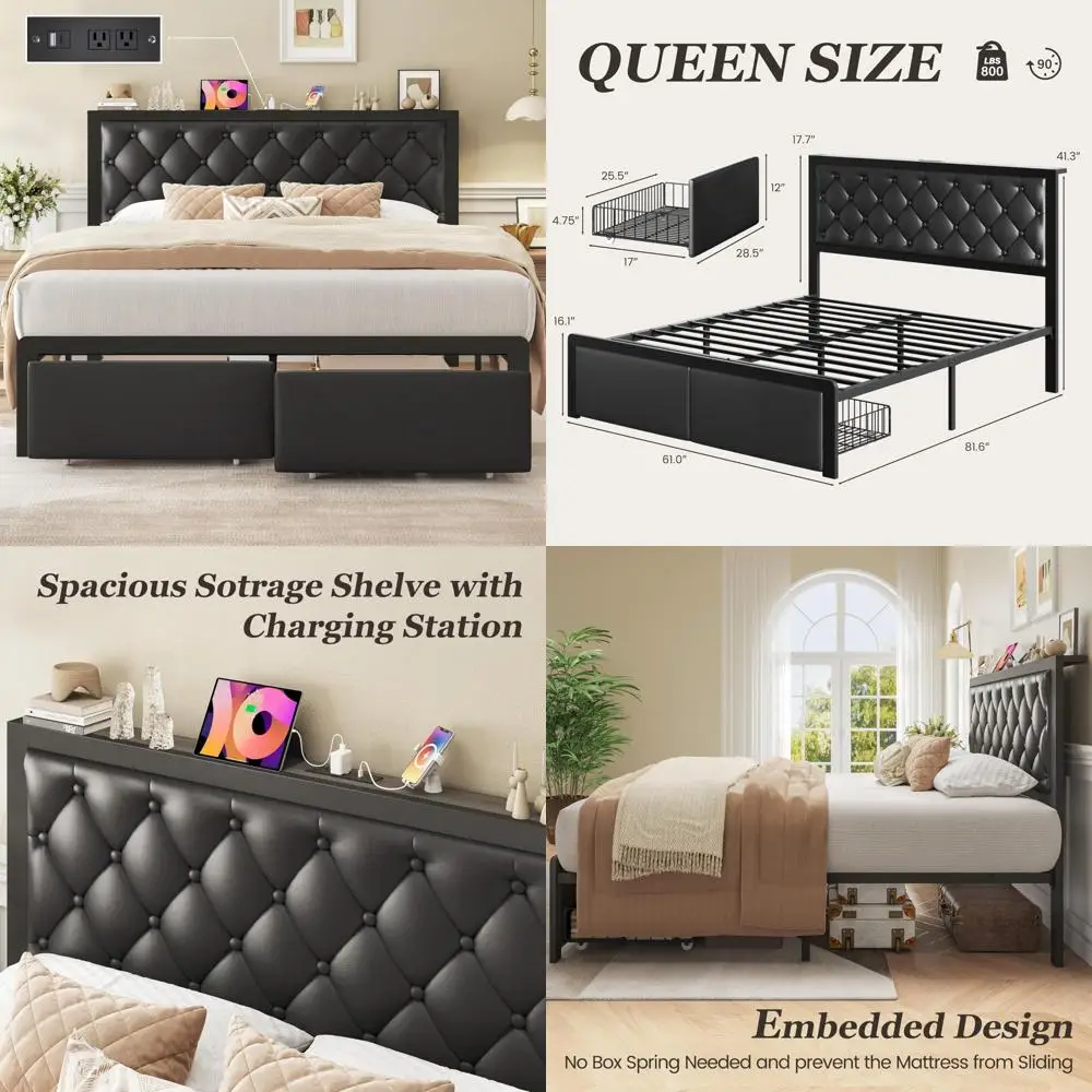 Letto matrimoniale imbottito con cassetti portaoggetti, testiera capitonnè con bottoni e stazione di ricarica integrata: nessuna necessità di molle