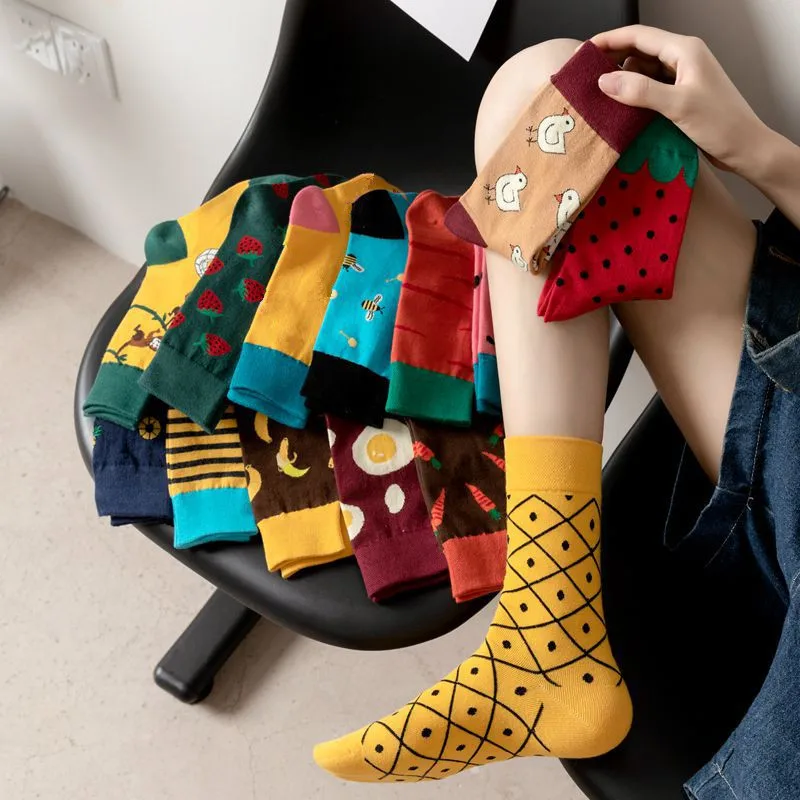 Women Socks Funny Cute Cartoon Fruits Banana Avocado Lemon Egg Cookie Donuts Food Happy colorful novelty skateboard Socks