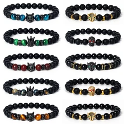 Fashion Crown Skull Punk Bracelets Men Wolf Head Zircon Tiger Eye Bracelets for Women Energy Nature Stone Soul Jewelry Pulsera