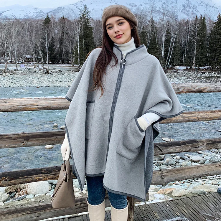 High-end Faux Cashmere Poncho Coat Scarf  Women Cloak Autumn Winter New Style Cape Versatile and Stylish with Zippered Lapel
