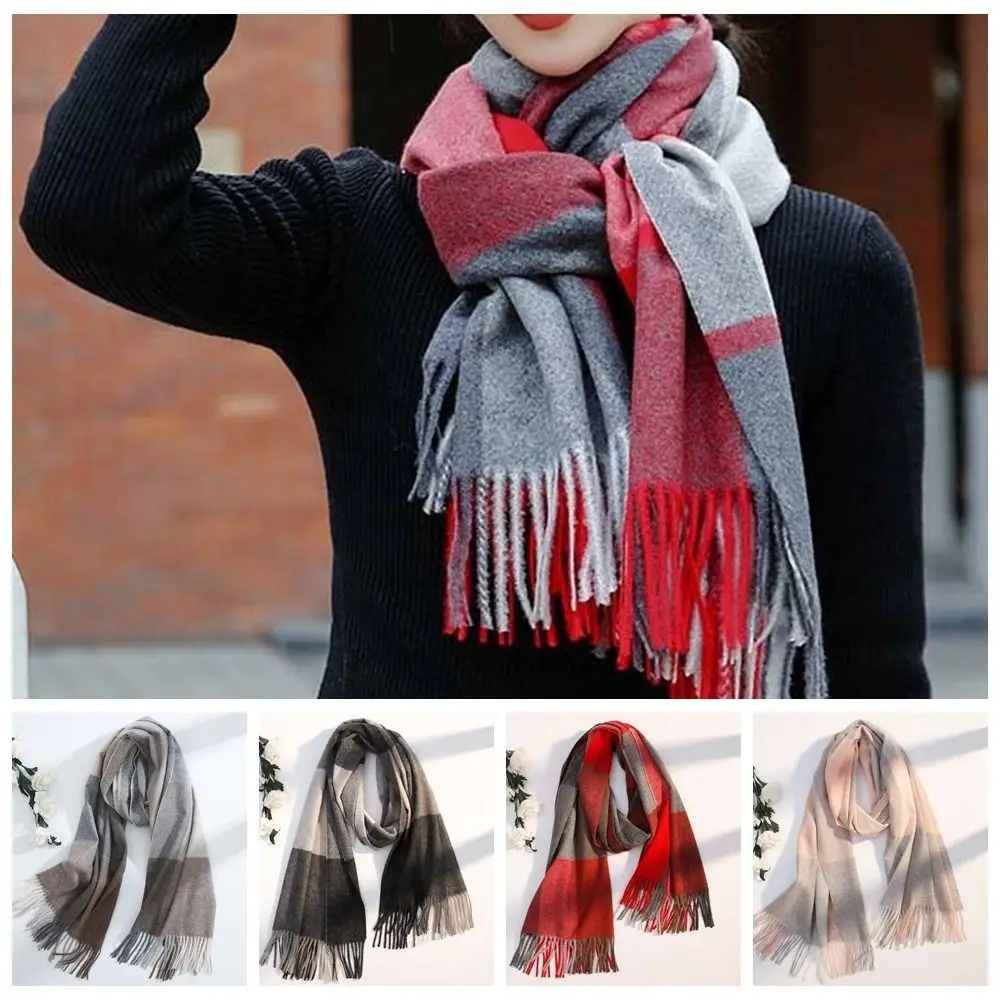 

Soft Wool Classic Plaid Scarf Soft Polyester Knitted Wool Scarf Cold-proof Korean Style Long Neckscarf with Tassel Couple