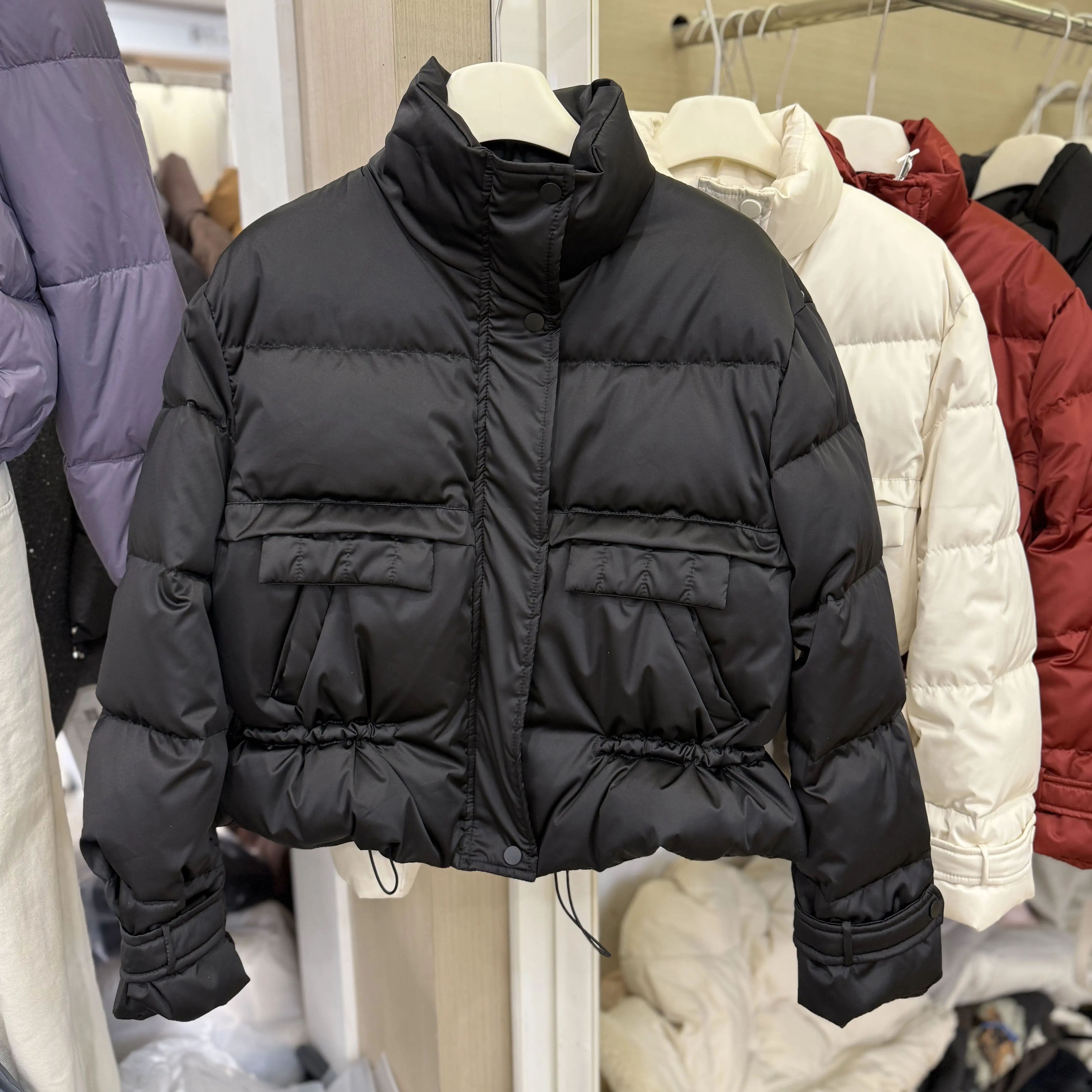 여성용 가을 겨울 두꺼운 따뜻한 흰색 오리털 숏 코트 여성 스트리트웨어 터틀넥 긴 소매 허리 조임 다운 아우터웨어