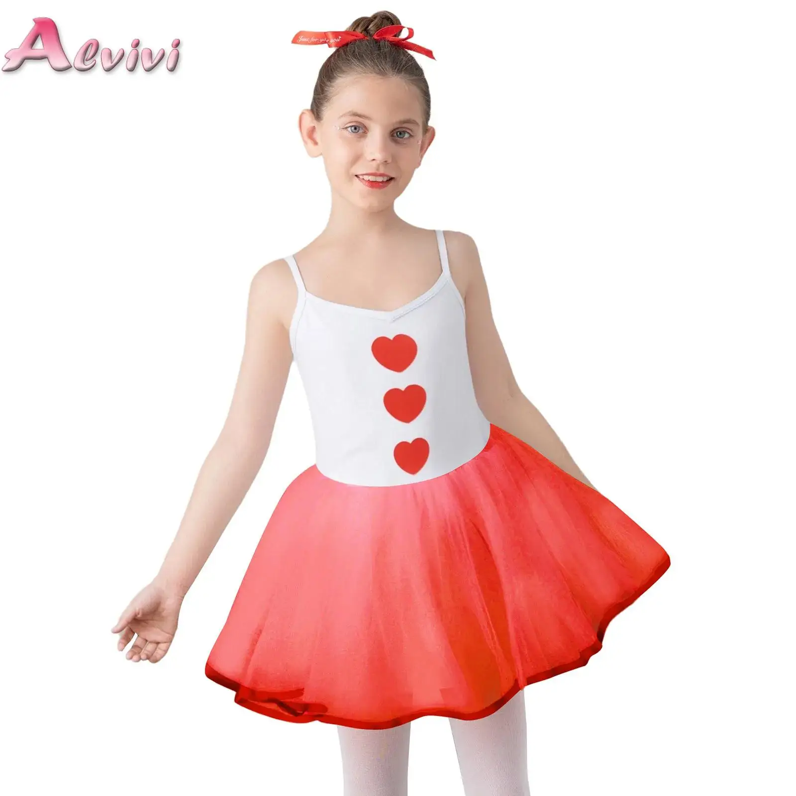 

Cute Girls Ballet Tutu Dress Camisole Heart Print Mesh Skirt Kids Dance Gymnastics Leotard Halloween Cupid Role Play Costumes