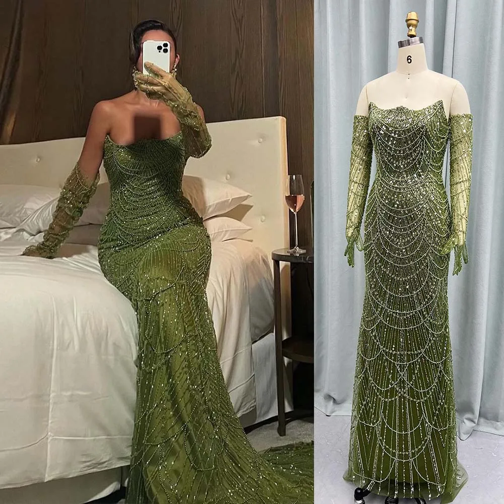 YQLNNE Elegant Greenery Beading Mermaid Long Evening Dresses with Gloves Women Wedding Party Gowns Saudi Arabia