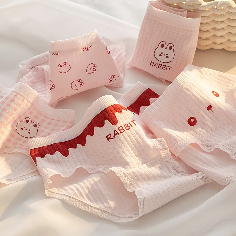 

6PCS AAA Cotton Student Briefs Women Antibacterial Inner Crotch Breathable Mid waist Hip Underwear Anti bacterial Wrapped Trip
