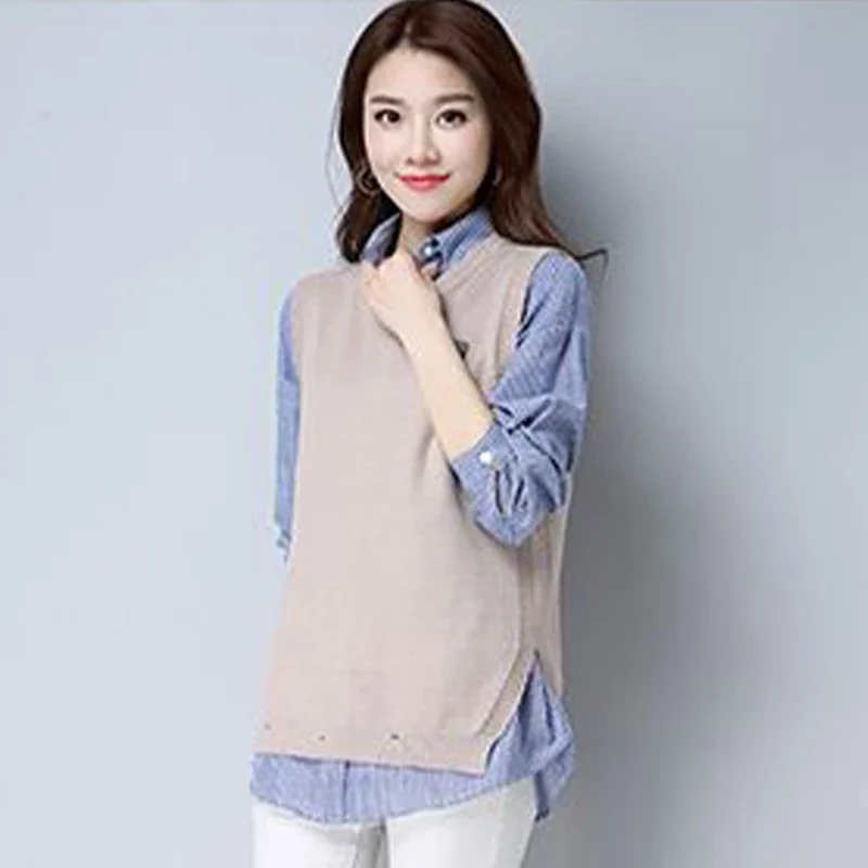 Large size women's set spring autumn loose slimming striped shirt+knitted sweater vest Korean version two-piece set for women