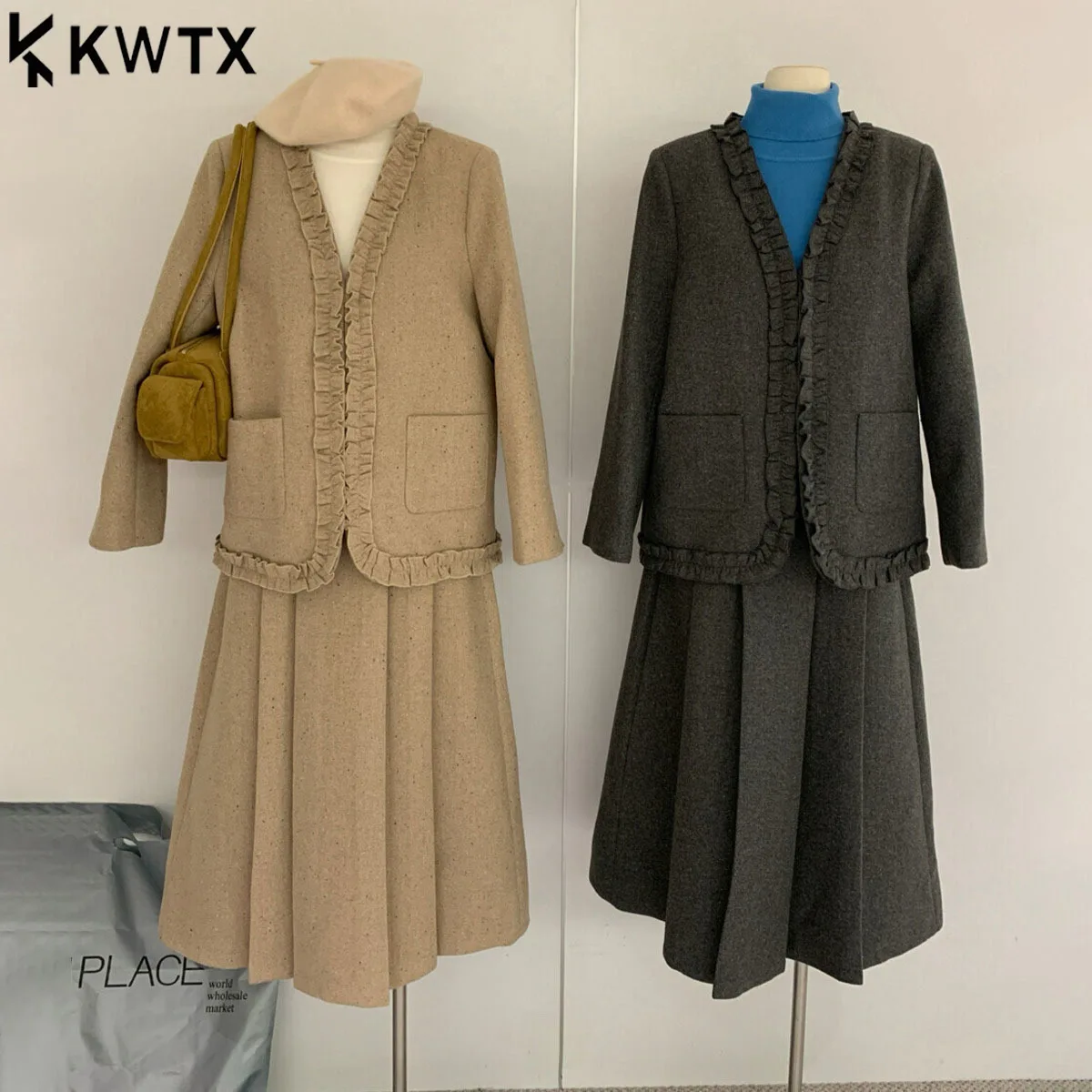 

KWTX Women's 2PC Winter Set 2025 Cotton Padded Coat Pleated Skirt Solid Color Ruffle V-Neck Pockets Vintage Casual Comfy Elegant