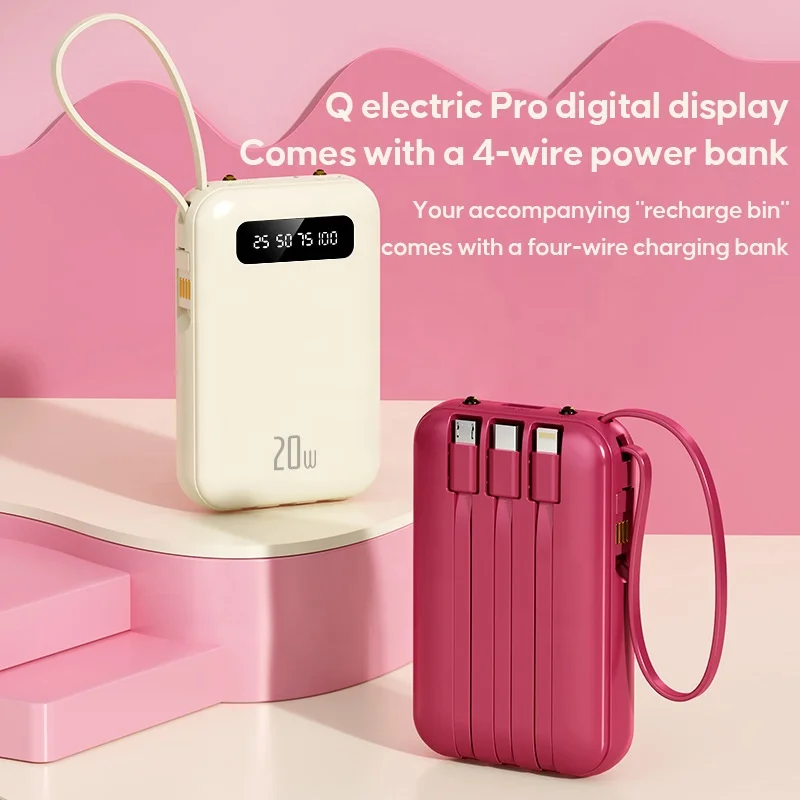 Luxury Power Bank 20000mAh for Women Large Capacity Fast Charging Portable Mobile Power Supply Charger  with 4 Cables Power Bank