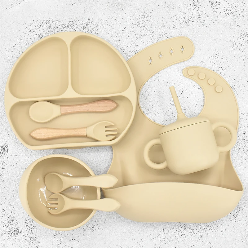 

8/9/11pcs Baby Silicone Feeding Tableware Set Smile Sucker Plate Big Ear Water Cup Nipple Storage Bag Child Dishes BPA Free