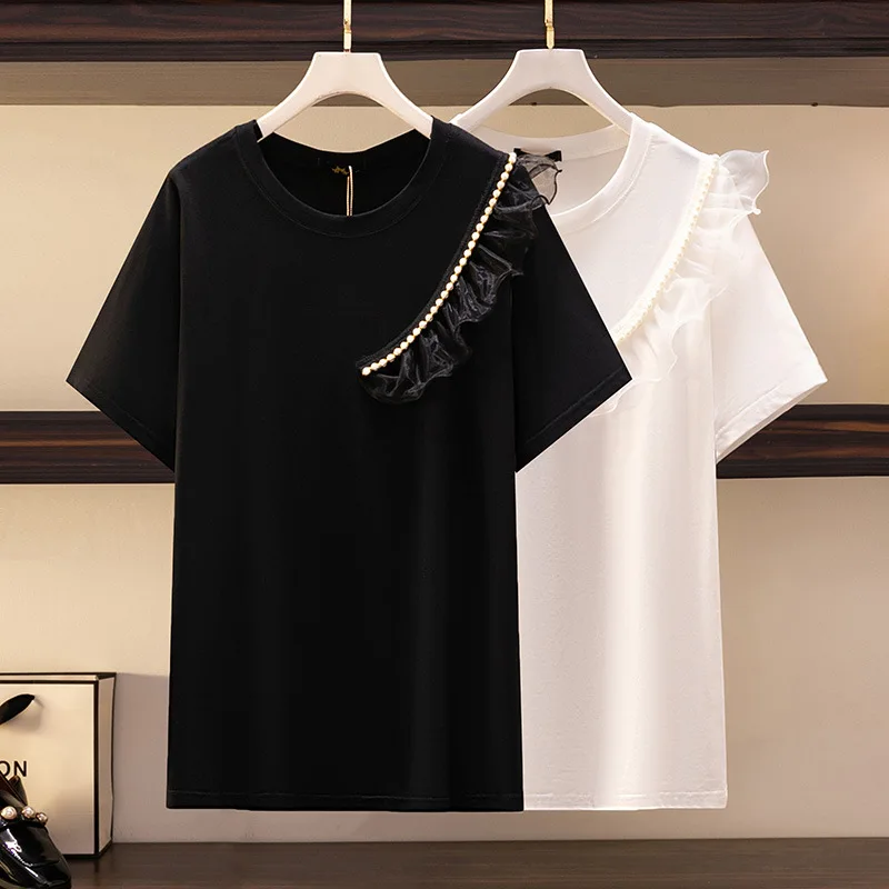 

140Kg Plus Size Fashion Women's Ruffled Beaded Top Bust 145 Summer Loose Round Neck Short-Sleeved T-Shirt 4XL 5XL 6XL 7XL 8XL