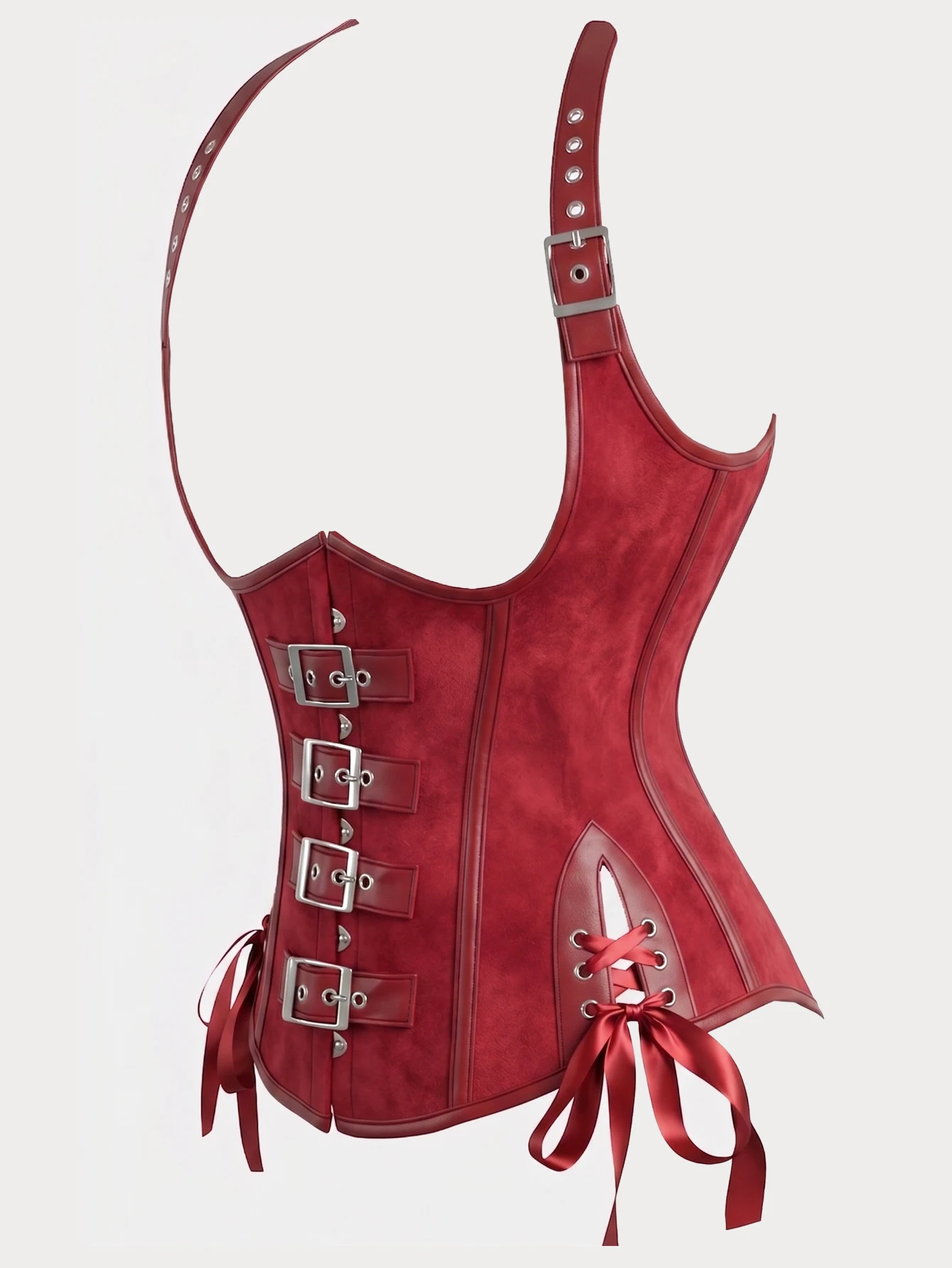 Red corset steampunk bustiers and corsets PU leather corselet underbust women halter top boned lace up halloween costume vintage - view 2
