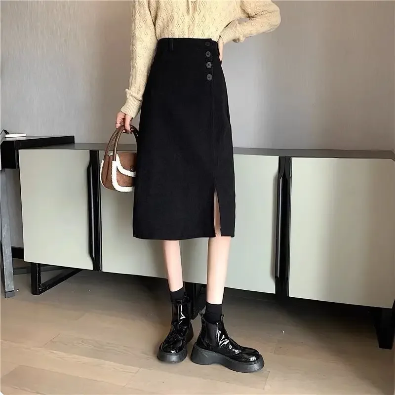 Skirts Women Corduroy Split Autumn New Arrival Empire Knee-length Fashion Button Retro Casual Clothing A-line S-5XL Faldas Mujer