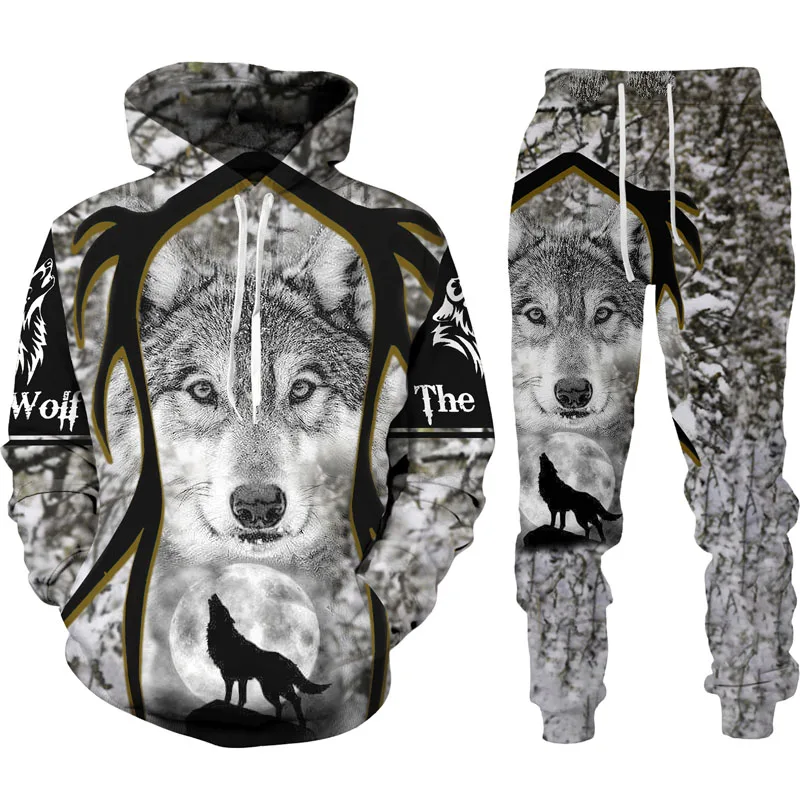 Spring Autumn  3D Animal War Wolf Printed Men's Hooded Sweater Set Male Sportswear Tracksuit Long Sleeve Men Clothing Suit