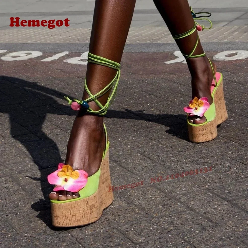 Platform Cross Strappy Women's Sandals Sunflower Green Wedges Sandals Peep Toe Lace-Up Slingback High Heels Summer Runway Shoes