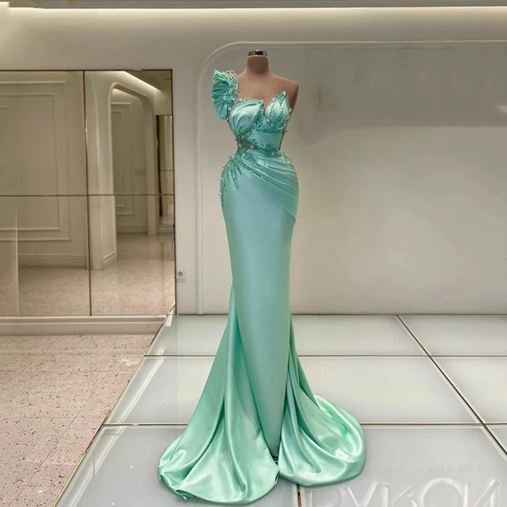 Green Evening Dresses Satin Pleated Gorgeous Women's Sweetheart Princess Prom Gowns Formal Beach Party 2023 Robes De Soirée femm