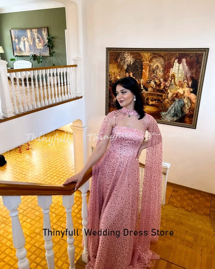 Thinyfull A-line Muslim Prom Dresses Cap Sleeves Beading Evening Dress Long Engagement Party Gowns Robe De Soirée Customized