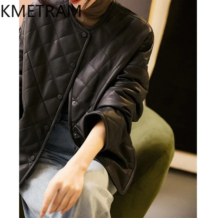 KMETRAM Real Sheepskin Leather Jacket with Cotton Lining Fashion New in Outerwear Fall Clothes 2024 Women куртка кожаная женская