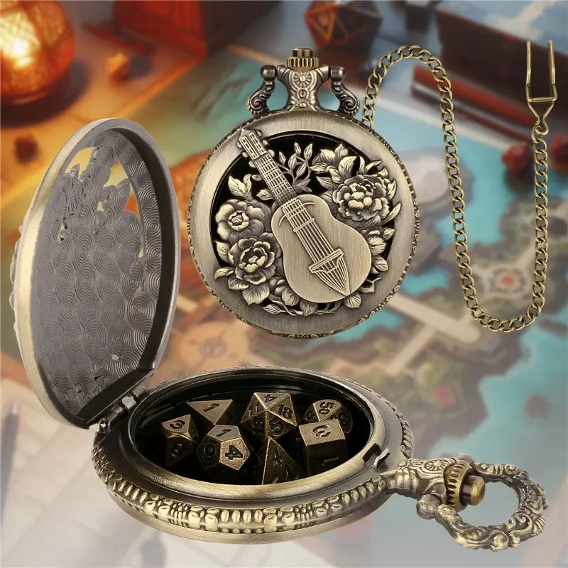 

Retro 7 X Metal Polyhedral Dice Role Play Gaming Dices with Guitar Flower Design Pocket Watch Case FOB Chain Gift
