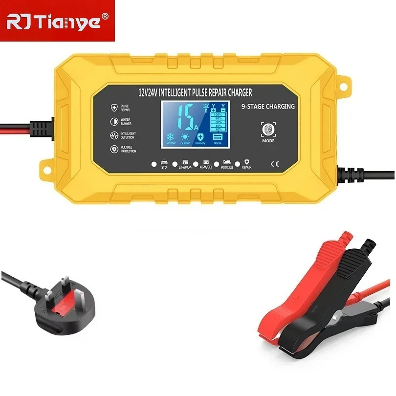 

UK Plug Smart Car Battery Charger 12V15A/24V8A LCD Display Pulse Repair for AGM Gel Wet Lead Acid Lithium Batteries