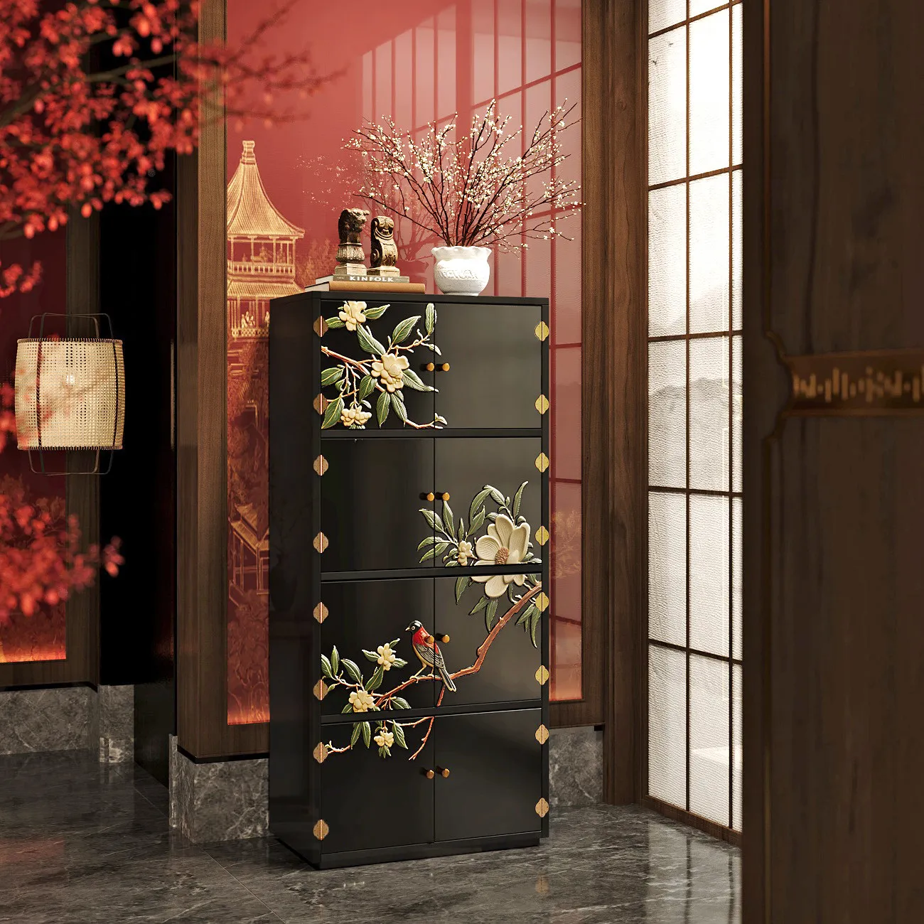 

Классический книжный шкаф-тумба в средневековом стиле, лакированный, с росписью цветами и птицами, из массива дерева.