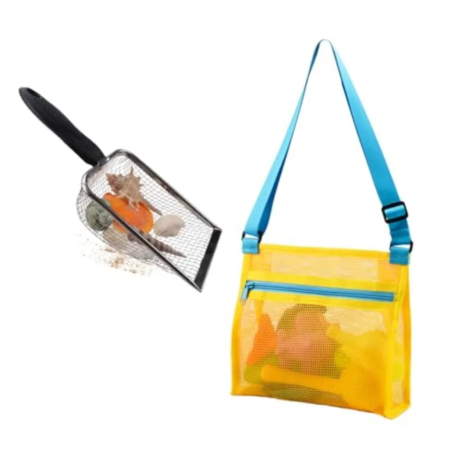 Beach Mesh Shovel with Mesh Shell Bags, Filter Sand Scooper for Picking Up Shells, Shark Tooth Sifter Dipper for Boys and Girls