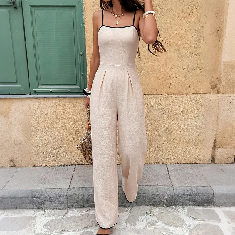 Womens Summer Contrast Trim Spaghetti Strap High Waist Wide Leg Jumpsuit Casual Romper
