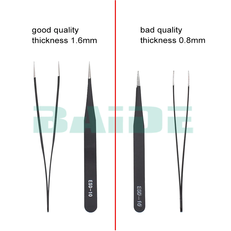 0.8mm / 1.6mm 6 in 1 Black Tweezers Antistatic Stainless Steel Nipper ESD 10 11 12 13 14 15 Tweezers Kit 15 set/lot
