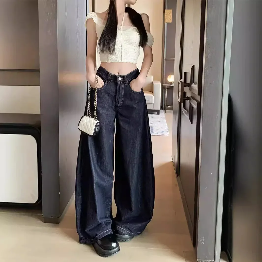 Deep Blue Vintage Jeans Women's Straight-Leg Bell Bottom Pants Versatile High Street Style Summer 2024 New Arrival