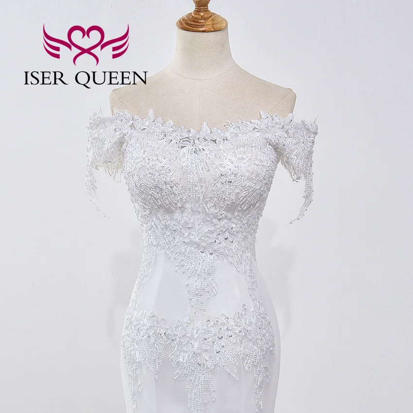 تخصيص الدانتيل يزين بسيط أنيق حورية البحر فساتين الزفاف قبالة الكتف قصيرة الأكمام بالإضافة إلى حجم فستان الزفاف WX0032