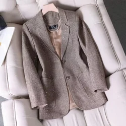 Blazer a spina di pesce di lana per le donne cappotto invernale a maniche lunghe Vintage giacca da festa classica top Femal abbigliamento da lavoro abbigliamento con paillettes