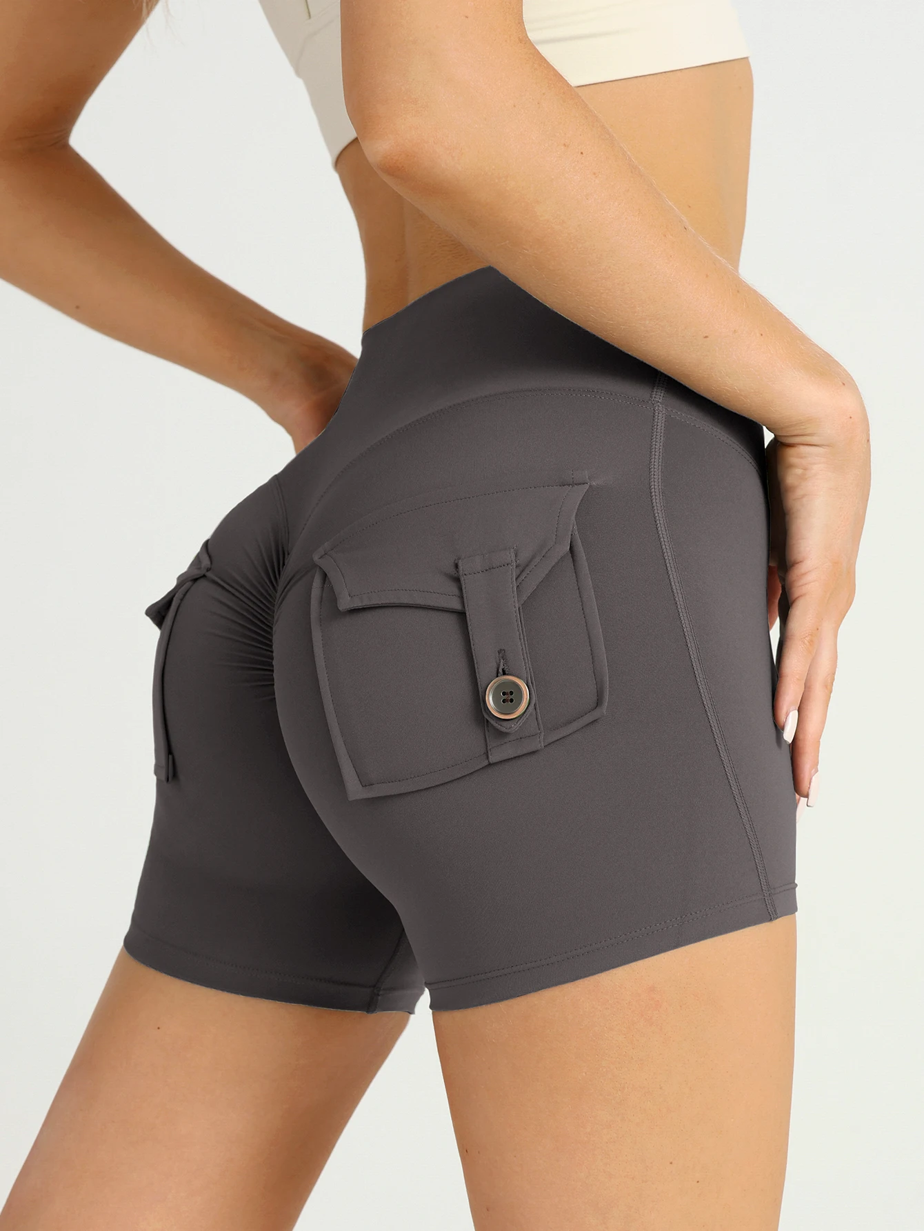 Sommer Damen Sport-Shorts mit Hoher Taille, Plissiertem Hüftlift-Design, Taschen, Atmungsaktiv, Bequem für Laufen, Radfahren, Freizeit und Yoga